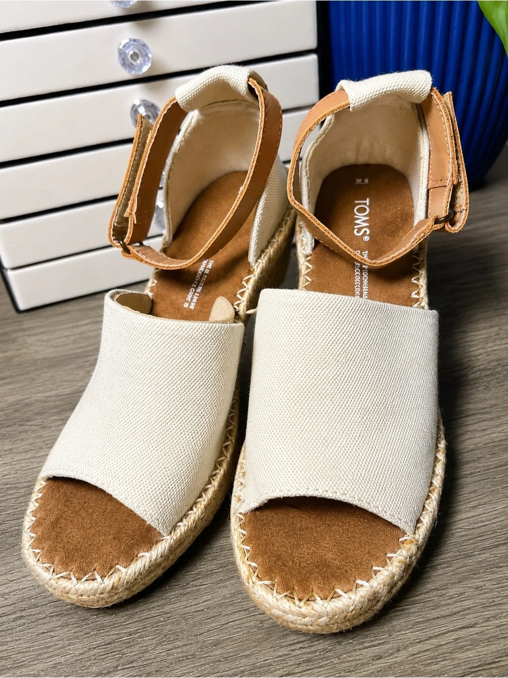 TOMS Cream Canvas Espadrille Sandals with Tan Ankle Strap